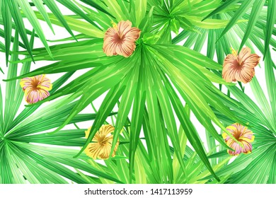 Green yellow exotic pattern. Monstera leaves and hibiscus flowers in summer print.  Saturated large floral swimwear print. Horizontal california natural texture design. Hypernatural botanic design.