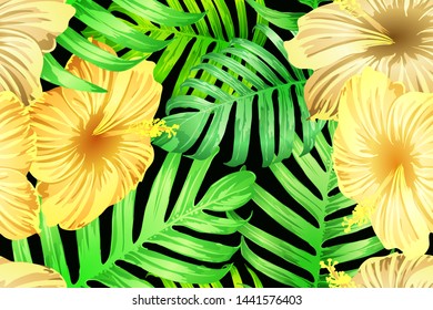 Green yellow exotic pattern. Monstera leaves and hibiscus flowers in summer print.  Hawaiian t-shirt and swimwear tile.  Horizontal romantic wild vector exotic tile. Hypernatural botanic design.
