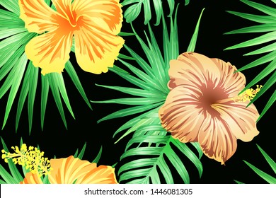 Green yellow exotic pattern. Monstera and hibiscus flowers tropical bouquet.  Saturated large floral swimwear print. Horizontal romantic wild vector exotic tile. Hypernatural botanic design.