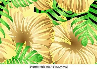 Green yellow exotic pattern. Monstera leaves and hibiscus flowers in summer print.  Saturated large floral swimwear print. Horizontal california natural texture design. Hypernatural botanic design.