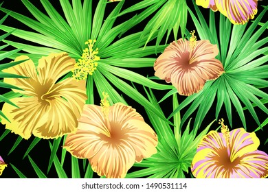 Green yellow exotic pattern. Monstera leaves and hibiscus flowers in summer print.  Hawaiian t-shirt and swimwear tile.  Horizontal romantic wild vector exotic tile. Bonny spring botanical design.