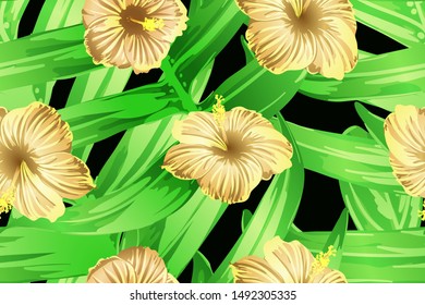 Green yellow exotic pattern. Monstera leaves and hibiscus flowers in summer print.  Hawaiian t-shirt and swimwear tile.  Horizontal romantic wild vector exotic tile. Hypernatural botanic design.