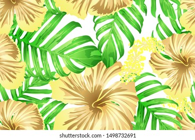 Green yellow exotic pattern. Monstera and hibiscus flowers tropical bouquet.  Hawaiian t-shirt and swimwear tile.  Horizontal romantic wild vector exotic tile. Hypernatural botanic design.