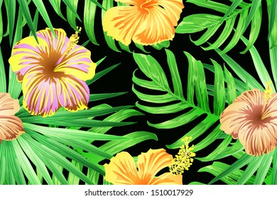 Green yellow exotic pattern. Monstera leaves and hibiscus flowers in summer print.  Hawaiian t-shirt and swimwear tile.  Horizontal romantic wild vector exotic tile. Hypernatural botanic design.