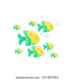 Green And Yellow Fantastic Tropical Fish School Set Of Marine Animals