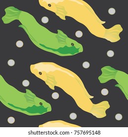 Green and yellow fish seamless pattern with polka dots on dark gray abstract background.
