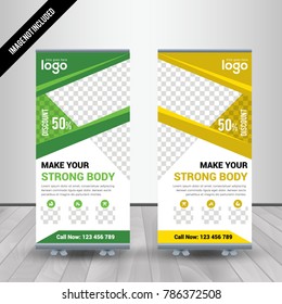 Green & Yellow Fitness Roll Up Banner Design vector Template For Gymnasium