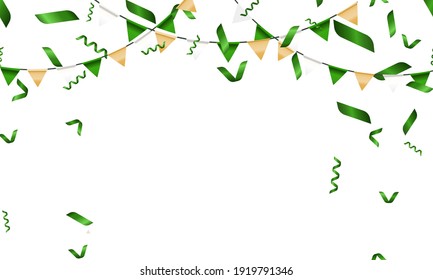 Green and yellow flags and serpentine on white background. Celebration temlate. Vector illustration.