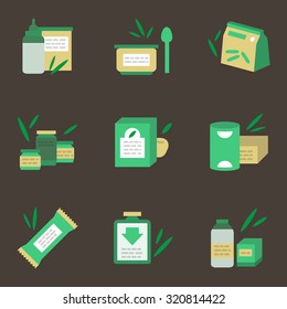 Green and yellow flat color vector icons set for baby food on black background. Baby puree, vitamins bar, juice and soup. Elements of web design for business and site.