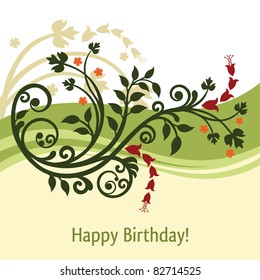 Green and yellow floral birthday card vector illustration