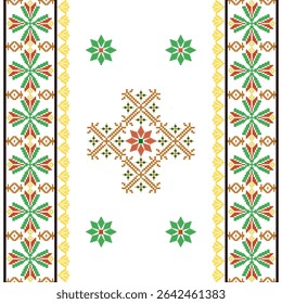 Green and yellow floral cross-stitch. Geometric ethnic patterns. Design for sarees, dupattas, and clothing. Detailed Vector 
Illustration for textile print and elaborate borders. Pixel ornament.