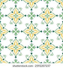 Green and yellow floral damask seamless vector pattern illustration in traditional Portuguese tiles. Idea for wallpaper, textiles, rugs, tiles, and pottery.