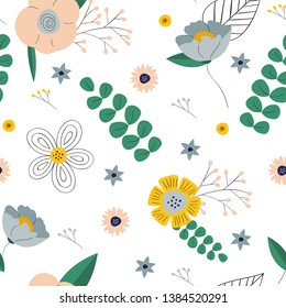 Green and yellow floral pattern. Hand drawn elegant background with wild flowers. Spring and summer design for posters, bunners, greetings, prints, identity, web and more