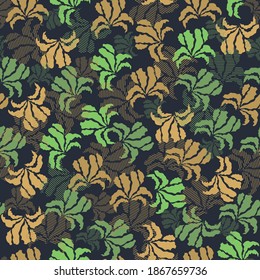 Green and yellow floral pattern on blue background, seamless vector leaves design, textile, wallpaper