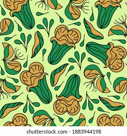Grüne und gelbe Blumenmuster auf hellgrünem Hintergrund, Stoffdruck, Textilien, Tapeten