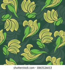 Patrón floral verde y amarillo, diseño vectorial botánico sin fisuras con fondo verde oscuro, impresión de tela, textil, papel tapiz 