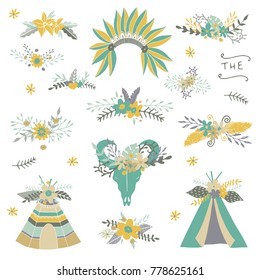 Green and yellow floral tribal collection. Teepee, wedding floral, arrow,wreaths, feathers. Wedding Invitation. Hand drawn tribal elements with flowers.