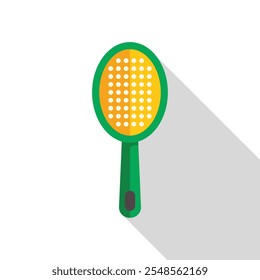 Green and yellow fly swatter is standing upright, casting a long shadow over a white background