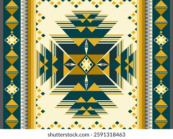green and yellow geometric seamless pattern, a carpet pattern, and an Aztec seamless pattern for textile wrapping in a classic style.