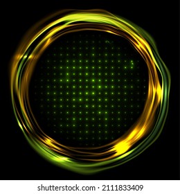 Green yellow glowing liquid rings and neon dots abstract background. Vector sci-fi design