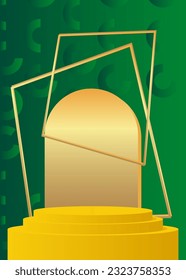 Green, Yellow and gold abstract mockup product display. Stage showcase, cylinder pedestal podium for presentation. 3D minimal geometric forms.