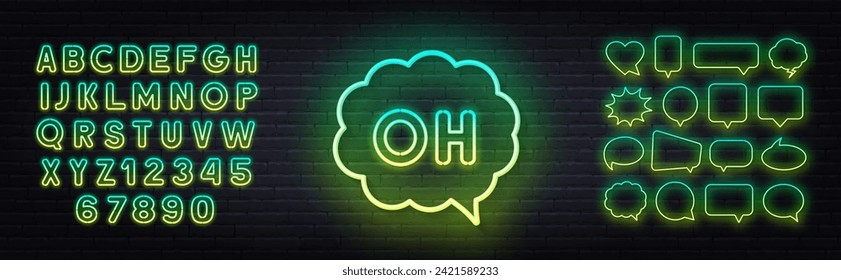 Green Yellow gradient fluorescent neon alphabet and speech bubble on brick wall background.  Oh neon sign on brick wall background.