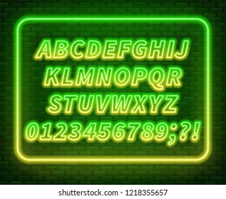 Green yellow gradient neon alphabet on a dark background . Bright font for decoration.Capital letter.