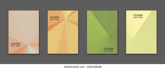 Green and yellow halftone covers vector template set with lines graphics. Vector tech journal design geometric shape background set, trendy halftone lines hipster pattern abstract covers collection.