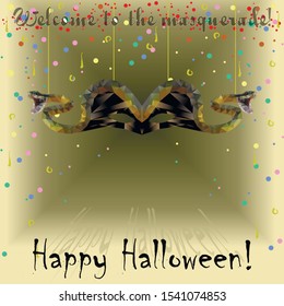 Green yellow Halloween banner Welcome to the masquerade with snake mask
