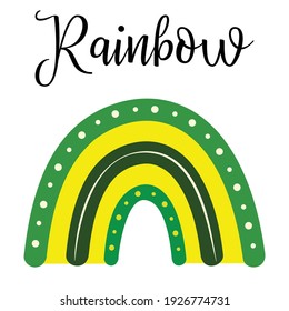 Green yellow hand drawn rainbow, boho, scandinavian style, Saint patrick's Day, natural ecology concept, with dots texture. Vector illustration. For Baby shower cards, t-shirt prints, invitations.