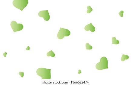 Green and yellow heart confetti. Valentines, Womens, Mothers day background with falling hearts, petals. Greeting wedding card. February 14, love. White background.