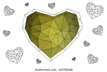 Green, yellow heart isolated on white background. Geometric rumpled triangular low poly origami style gradient graphic illustration. Vector polygonal design for your business.
