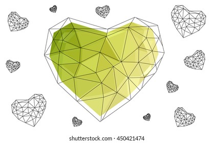 Green, yellow heart isolated on white background. Geometric rumpled triangular low poly origami style gradient graphic illustration. Vector polygonal design for your business. Green, yellow heart isolated on white background. Geometric rumpled triangular low poly origami style gradient graphic illustration. Vector polygonal design for your business.