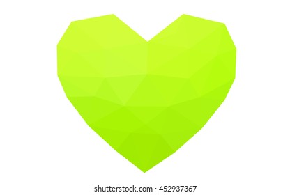 Green, yellow heart isolated on white background. Geometric rumpled triangular low poly origami style gradient graphic illustration. Vector polygonal design for your business.