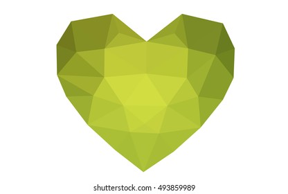 Green, yellow heart isolated on white background. Geometric rumpled triangular low poly origami style gradient graphic illustration. Vector polygonal design for your business.