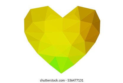 Green, yellow heart isolated on white background. Geometric rumpled triangular low poly origami style gradient graphic illustration. Vector polygonal design for your business.