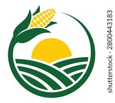 Green and yellow illustration of corn and sun over rolling hills in circle icon