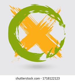 Green and yellow ink round cross stroke on white background. Japanese style. Vector illustration of grunge circle stains