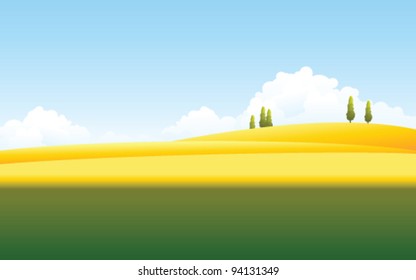 Green and yellow landscape with blue sky