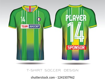 Green and yellow layout football sport t-shirt design. Template front, back view. Soccer kit national team shirt mock up. Vector Illustration.