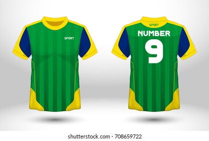 Green and yellow layout football sport t-shirt design. Template front, back view. Soccer kit national team shirt mock up. Vector Illustration.