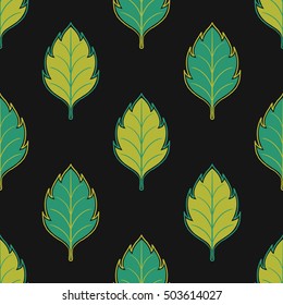 green and yellow leaves seamless pattern on black