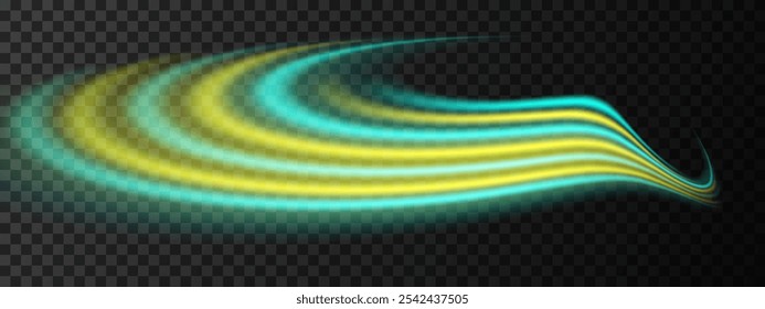 Mezcla de ondas de luz verde y amarilla. Diseño suave y curvo con un brillo de neón vibrante. Visuales de ciencia ficción, transiciones de luz, efectos futuristas. Fondo dinámico y elegante con rayas brillantes flujo de energía
