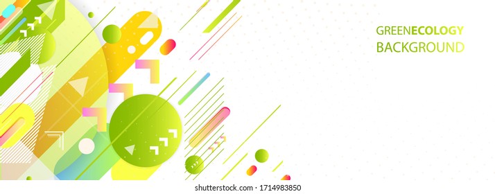 Líneas verdes y amarillas y señala fondo blanco. Pancarta de verano ecología triángulo vectorial luz futurista mínima geométrica