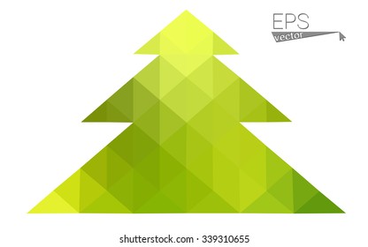 Green, yellow low poly style christmas tree vector illustration consisting of triangles. Abstract triangular poly origami or crystal design of New Years celebration. Isolated on white background