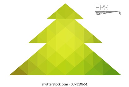 Green, yellow low poly style christmas tree vector illustration consisting of triangles. Abstract triangular poly origami or crystal design of New Years celebration. Isolated on white background