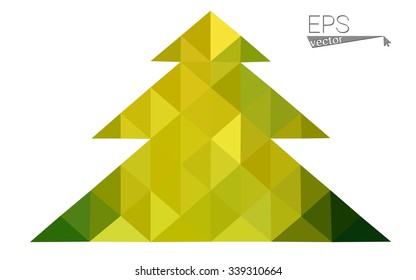 Green, yellow low poly style christmas tree vector illustration consisting of triangles. Abstract triangular poly origami or crystal design of New Years celebration. Isolated on white background