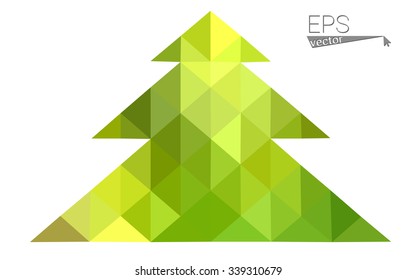 Green, yellow low poly style christmas tree vector illustration consisting of triangles. Abstract triangular poly origami or crystal design of New Years celebration. Isolated on white background