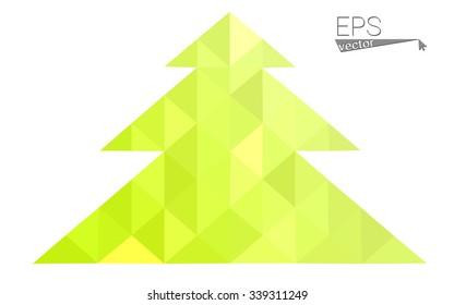 Green, yellow low poly style christmas tree vector illustration consisting of triangles. Abstract triangular poly origami or crystal design of New Years celebration. Isolated on white background