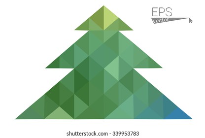Green, yellow low poly style Christmas tree vector illustration consisting of triangles. Abstract triangular poly origami or crystal design of New Years celebration. Isolated on white background